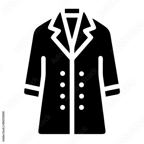 Stylized black glyph icon depicting a classic double-breasted overcoat or trench coat