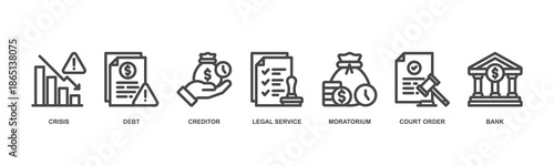 Bankruptcy concept icon illustration with icon of debt, moratorium, crisis, legal service, bank, creditor and court order.