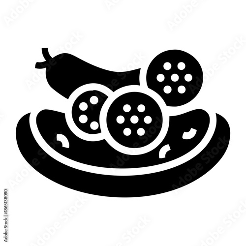 Delicious food glyph icon with fresh cucumber and savory pepperoni slices