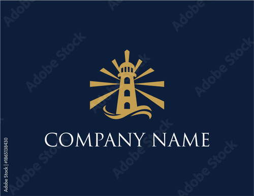 Golden Lighthouse Crown Emblem with Waves and Rays.