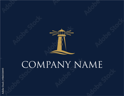 Golden Lighthouse Logo Design on Dark Blue Background.