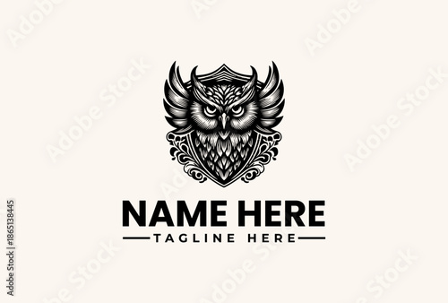 Black and white illustration of an owl logo with wings, text 'NAME HERE' and 'TAGLINE HERE' on a beige background, with a vector graphic design.