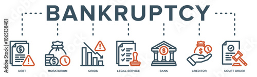 Bankruptcy web banner icon vector illustration with icon of debt, moratorium, crisis, legal service, bank, creditor and court order. 