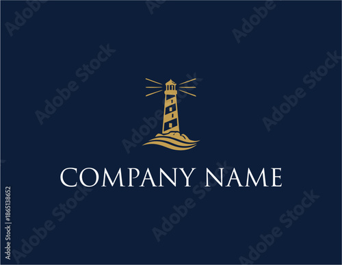 Lighthouse Logo Design with Radiant Beams and Waves.