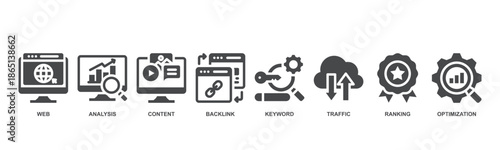 Search Engine Optimization concept icon vector illustration with icon of WEB, analysis, content, backlink, keyword, traffic, ranking and optimization.