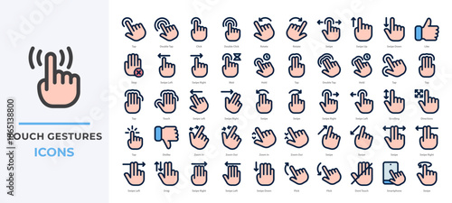 Touch Gesture icons set featuring taps, swipes, pinches, zooms, drags and more. Perfect for mobile app UI, touchscreen interfaces, and gesture-based interaction designs.
