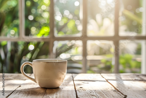 Minimal Ceramic Coffee Cup on Wooden Table with Sunlit Window Background