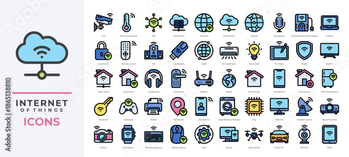 Internet of Things icons set including smart devices, connectivity, automation, cloud systems and more. Ideal for IoT apps, smart home dashboards, and tech-related design projects.