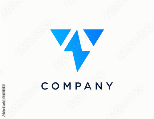 Modern abstract blue lightning bolt V shape logo for business and technology.