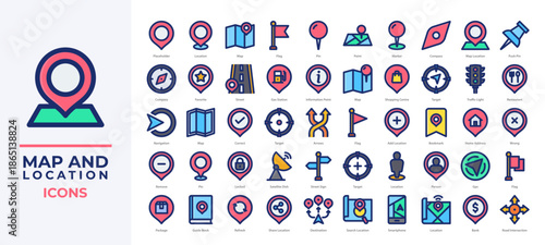 Map and Location icons set including pins, GPS, navigation, landmarks, directions and more. Perfect for travel apps, maps, delivery tracking, and location-based services.