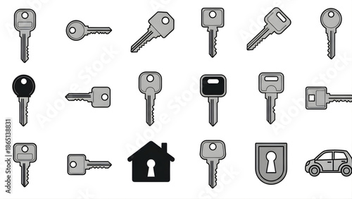 Collection of Various Keys and House Icons lock security
