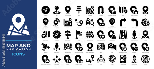 Map and Navigation icons set including routes, GPS pins, landmarks, travel symbols and more. Ideal for apps, transport maps, delivery tracking, and navigation interfaces.