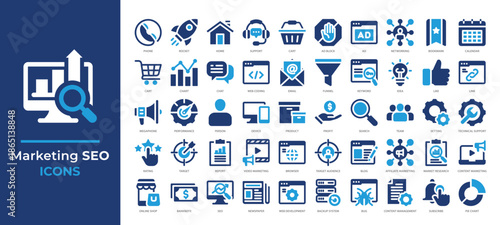 Marketing and SEO icons set including analytics, keywords, content, ads, optimization tools and more. Perfect for digital marketing, web design, and online business projects.