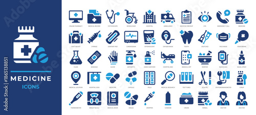 Medical icons set including healthcare tools, medicines, hospitals, doctors and more. Perfect for medical apps, pharmacy services, healthcare websites, and hospital infographics.
