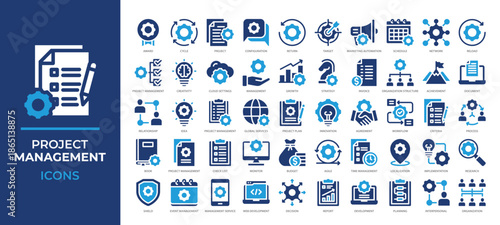 Project Management icons set covering planning, workflow, teamwork, productivity tools and more. Perfect for business strategy, scheduling, reports, and organization systems.