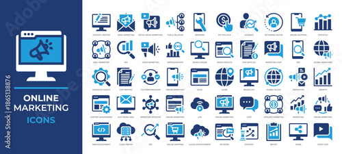 Online Marketing icons set featuring SEO, social media, content, analytics, promotion tools and more. Ideal for digital ads, websites, marketing campaigns, and brand strategy projects.