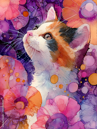Wallpaper Mural Calico Cat Looking Up with Vibrant Purple Pink Orange Flowers - Watercolor Art Torontodigital.ca