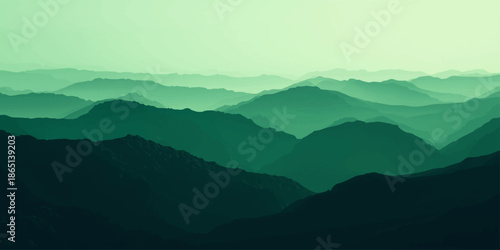 Calm abstract mountain panorama with layered green ridges, subtle lighting, and smooth gradients evoking tranquility, harmony, and modern digital landscape arts