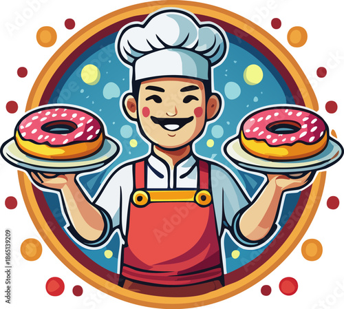 A cartoon Italian chef in a professional uniform and hat holds a gourmet pizza in a restaurant kitchen illustration for a pizzeria menu icon