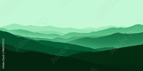 Calm abstract mountain panorama with layered green ridges, subtle lighting, and smooth gradients evoking tranquility, harmony, and modern digital landscape arts