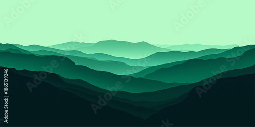 Calm abstract mountain panorama with layered green ridges, subtle lighting, and smooth gradients evoking tranquility, harmony, and modern digital landscape arts