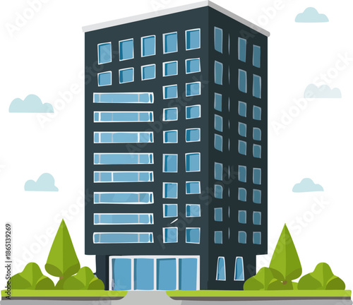 Modern corporate office building with many windows and green trees under a light blue cloudy sky, flat design illustration.