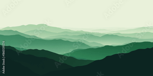 Abstract green mountain landscape with atmospheric mist and layers of rolling hills fading into the distance.