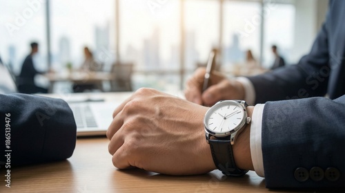 Businessman with Watch Signing Documents at Modern Office Table with City View in Background