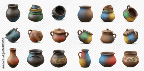 Collection of various realistic clay pots, ceramic vases, and earthenware vessels with traditional designs.
