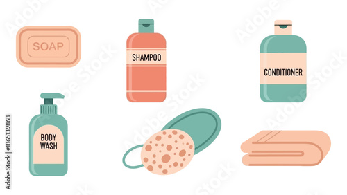 Flat Bathroom Toiletries Icon Set with Soap Shampoo Conditioner and Towel