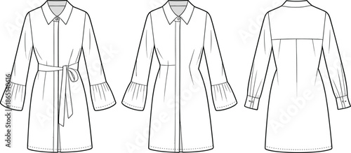 CAD streetwear flat vector illustration of a women's belted long sleeve shirtdress with bell cuffs for fashion tech pack design