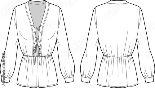 CAD streetwear flat vector illustration of a women's lace up v neck peplum blouse with long sleeves for fashion design