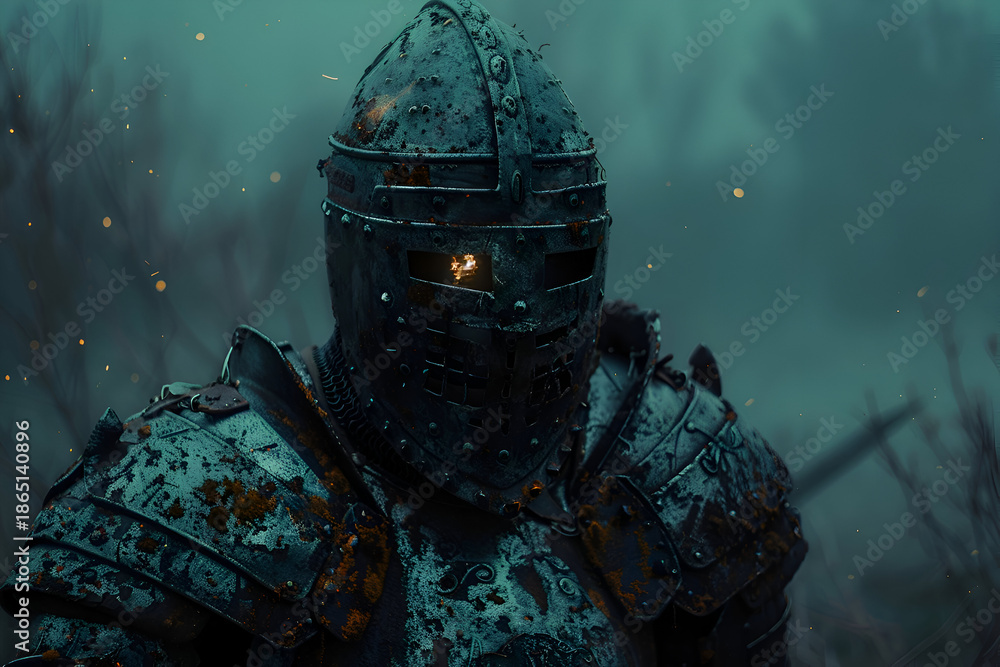 Fototapeta premium Undead knight in rusted armor with glowing eyes and cracked helm in eerie setting