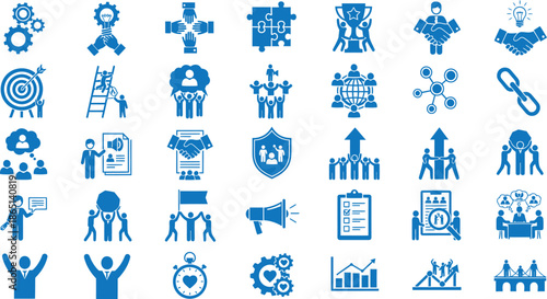 A collection of 35 blue business and communication icons on a white background for various professional uses and presentations