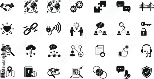 Collection of various black and white icons representing different concepts and objects