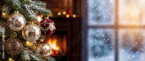 Christmas tree decorations, copy space