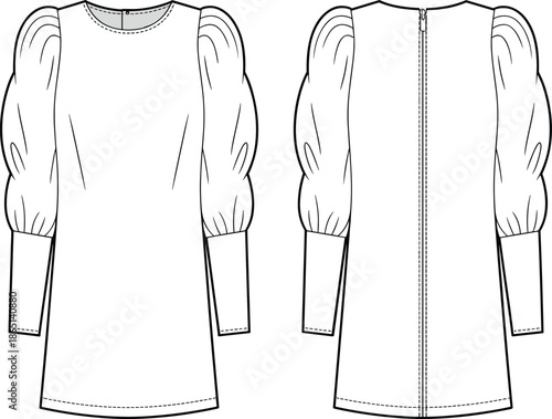 CAD streetwear flat vector illustration of a women's puff sleeve mini dress template with front and back view details