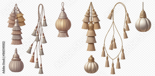 Set of decorative tassels and curtain tiebacks in various shapes and designs, isolated on a transparent background.