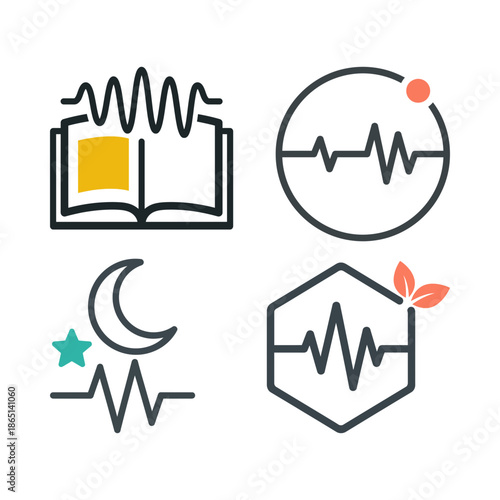 Set of six abstract logo icons with sound wave and pulse for music podcast and nature themes