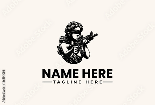 Black and white illustration of a masked soldier holding a rifle with placeholder text for a logo or brand identity on a plain background.