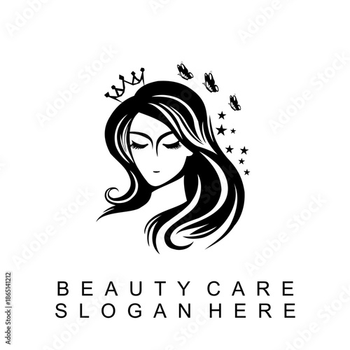 beauty woman logo design for salon, makeover, hair stylist, hair cut. beauty vector with leaf, crown and butterfly logo design. beauty logo with leaf, crown and butterfly logo design elegant