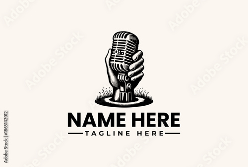Black and white illustration of a vintage microphone with a stand on a plain beige background, surrounded by grassy elements, with a bold logo and tagline text area.