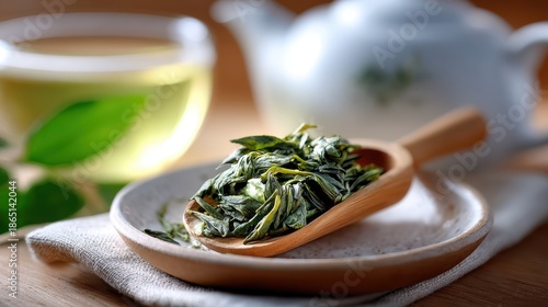 White ceramic teapot with cup and dried green tea leaves on wooden spoon and plate