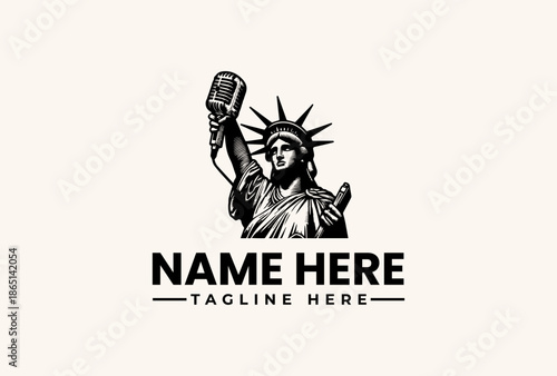 Black and white illustration of the Statue of Liberty holding a torch with a tablet and wearing a crown, against a clean white background with a placeholder text for a logo.