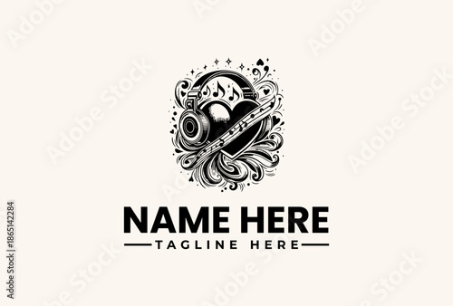 Black and white illustration of a camera surrounded by floral patterns and abstract shapes with a placeholder text for a logo or brand name on a beige background.