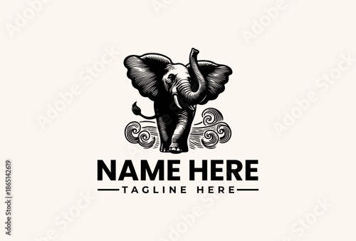 Black and white illustration of an elephant with outstretched wings and decorative scrollwork on a beige background, with a placeholder text for a logo or brand name.