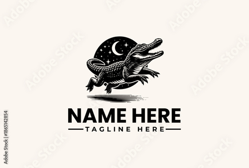 A black and white illustration of a crocodile in front of a moonlit night sky with a placeholder logo and tagline on a beige background.