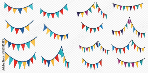 Colorful festive party flags and garlands set for celebration decoration, vector illustration on transparent background.