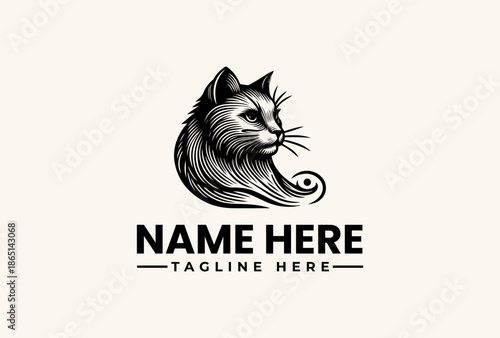 Black and white illustration of a stylized cat head logo with flowing fur design and placeholder text on a clean white background.