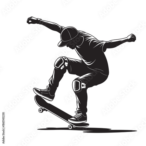 A dynamic black and white illustration of a skateboarder performing a trick
